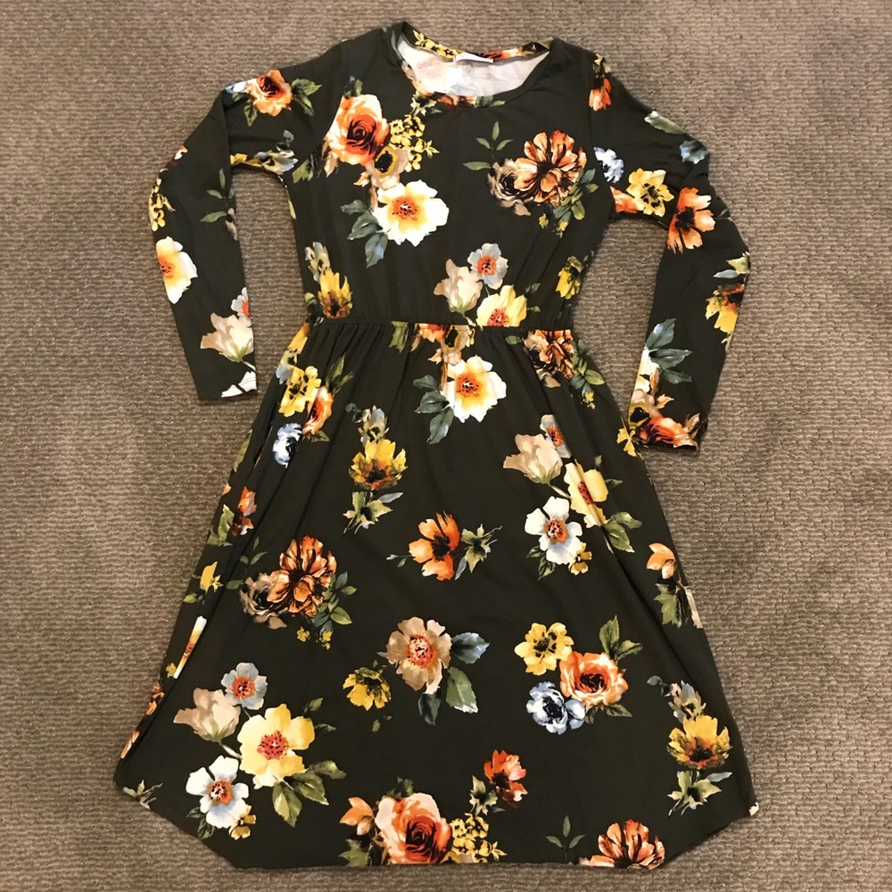 Olive green floral midi dress